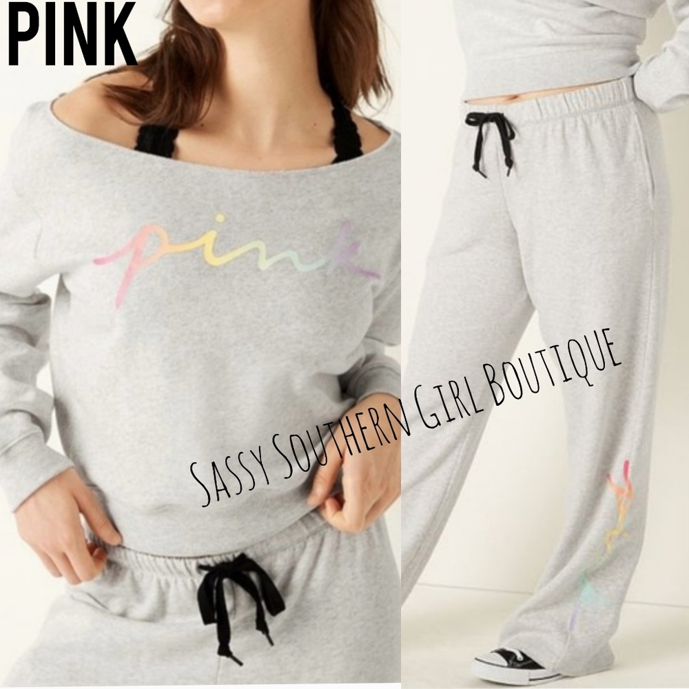🆕⭐PINK 2 Piece Sweatshirt And Boyfriend Sweatpants Grey